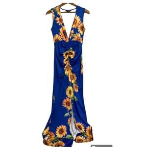 New! Blue SUNFLOWER Ruched Dress - Low Cut Flower Slit Maxi - Small